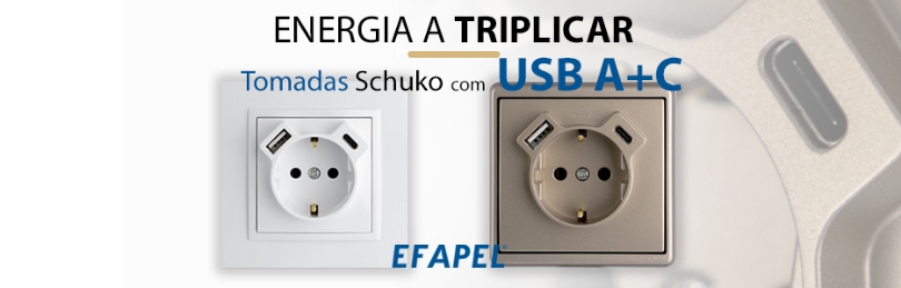 Tomada Schuko com USB A+C da Efapel Tomada Schuko com USB A+C da Efapel