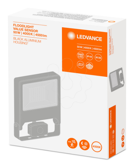 Imagem de FLOODLIGHT VALUE SENSOR 50 W 4000 K IP44 BK