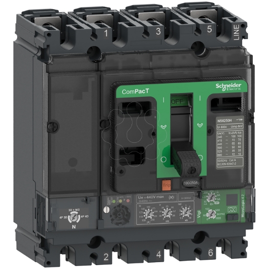 Imagem de Disjuntor ComPacT NSX100B 25kA a 415VAC rele MicroLogic 4.2 Vigi 100A 4 polos 4d