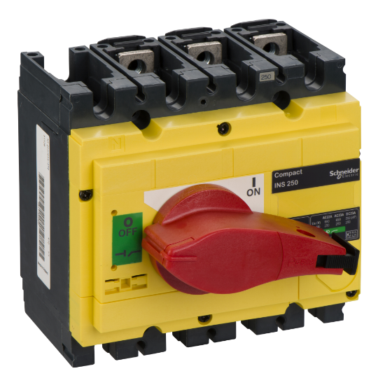 Imagem de interruptor seccionador Interpact INS250 3P punho vermelho/face frontal amarela