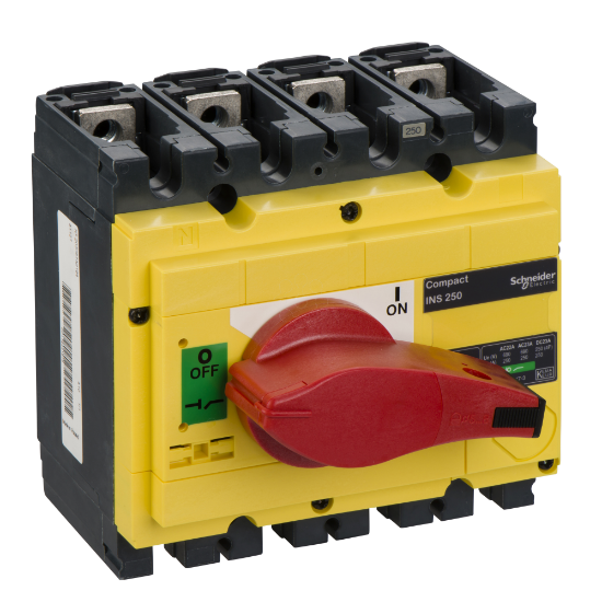 Imagem de interruptor seccionador Interpact INS250 4P punho vermelho/face frontal amarela