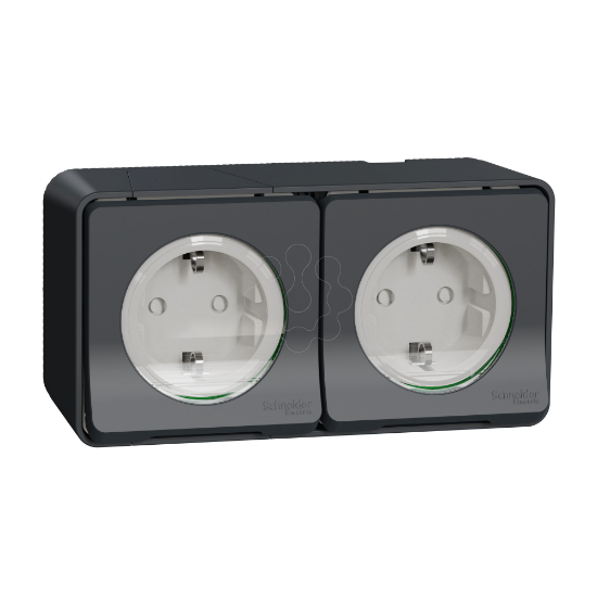 Imagem de Tomada 2P+T monobloco dupla com obturadores Mureva Styl horizontal pre cabladas saliente IP55 16A Cinzento