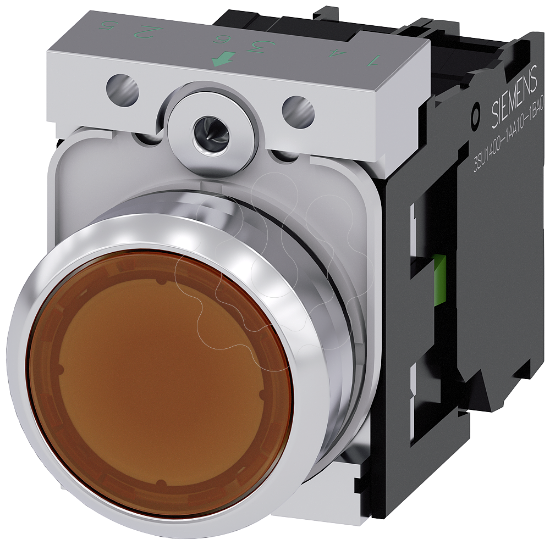 Imagem de Botão de pressão iluminado, 22mm, redondo, metal, alto brilho, âmbar, 1NA, com LED