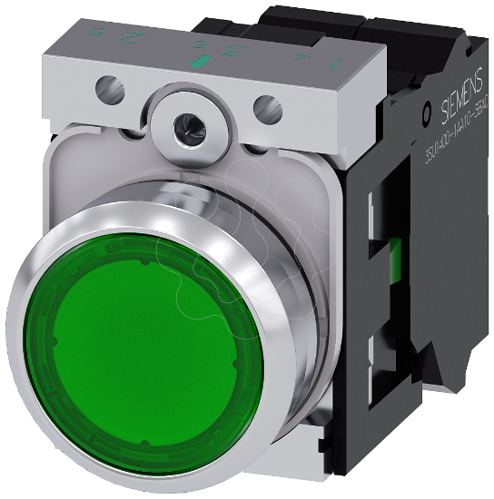 Imagem de Botão de pressão iluminado, 22mm, redondo, metal, alto brilho, verde, 1NA