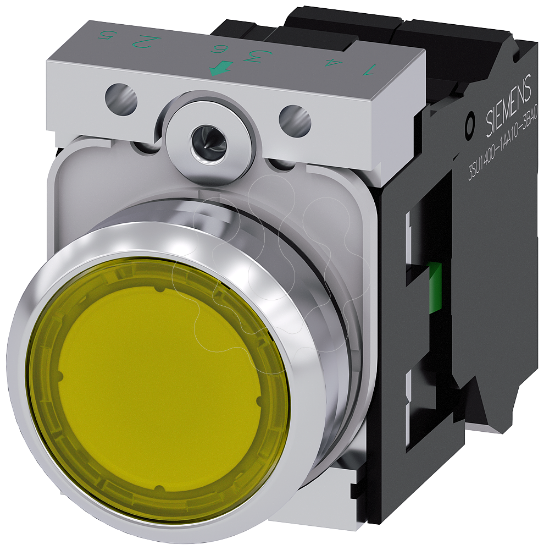 Imagem de Botão de pressão iluminado, 22mm, redondo, metal, alto brilho, amarelo, 1NA, com LED