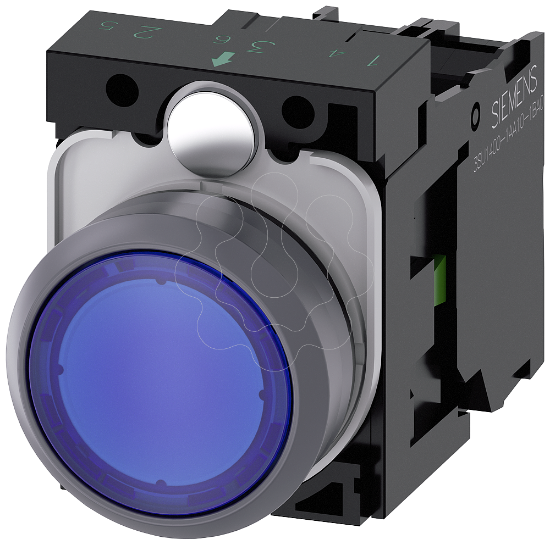 Imagem de Botão iluminado, 22 mm, redondo, anel frontal metálico, azul, plano, 1NA