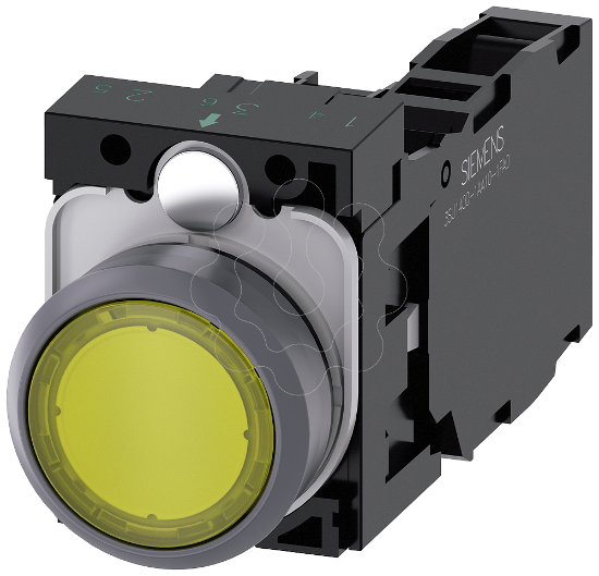 Imagem de Botão iluminado, 22 mm, redondo, anel frontal metálico, amarelo, plano, 1NA+1NF