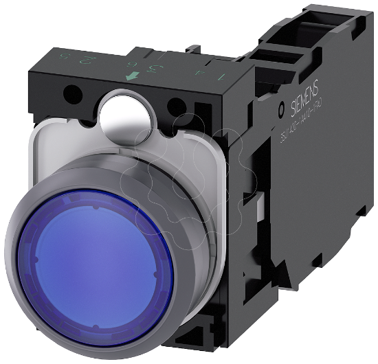 Imagem de Botão iluminado, 22 mm, redondo, anel frontal metálico, azul, plano, 1NA+1NF