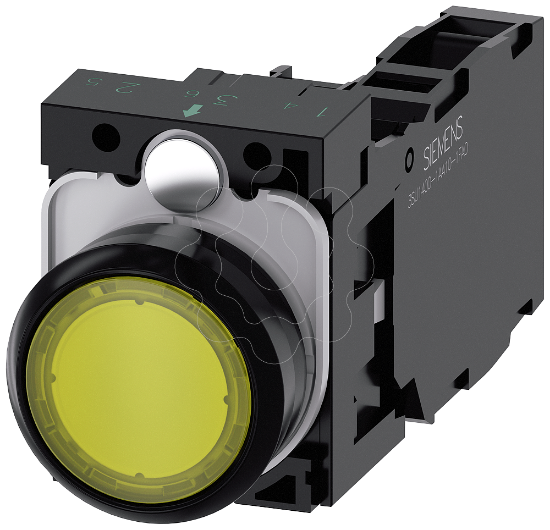 Imagem de Botão de pressão iluminado, 22mm, redondo, plástico, amarelo, plano, 1NA+1NF, LED