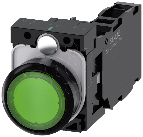 Imagem de Botão de pressão, iluminado, 22mm, redondo, plástico, verde, 1NA+1NF, 110V CA