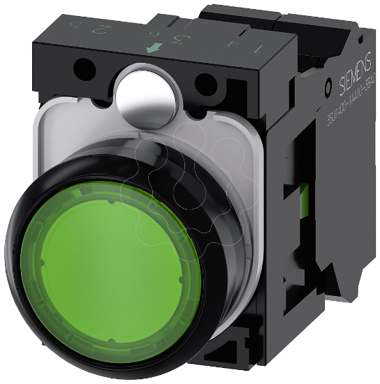 Imagem de Botão de pressão iluminado, 22mm, redondo, plástico, verde, 1NA, 24V CA/CC