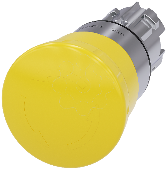 Imagem de Botão cogumelo, 22mm, redondo, metal, alto brilho, amarelo, desencrava por rotação