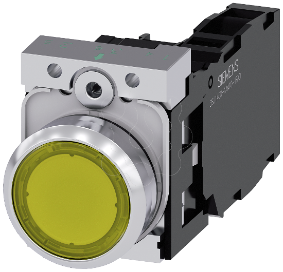 Imagem de Botão de pressão iluminado, 22 mm, redondo, metal, amarelo, 1NA+1NF, com LED