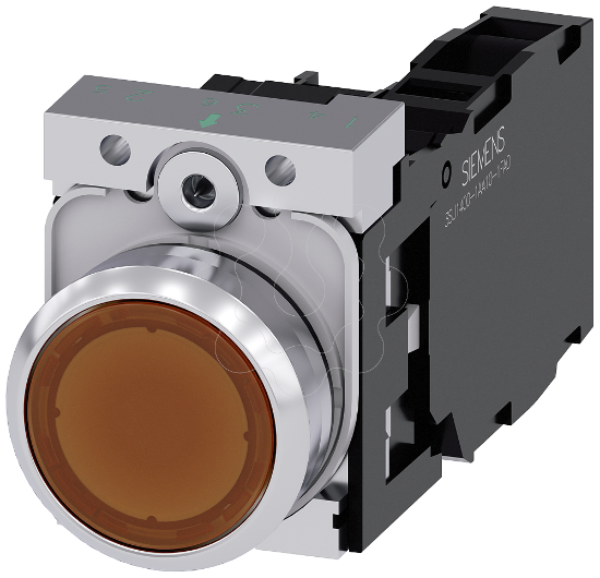 Imagem de Botão de pressão iluminado, 22mm, redondo, metal, âmbar, 1NA+1NF, com LED