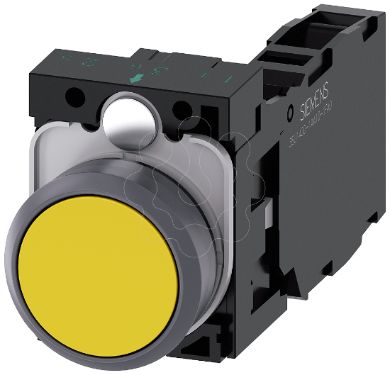 Imagem de Botão de pressão, 22 mm, redondo, anel frontal metálico, amarelo, com suporte, 1NA+1NF