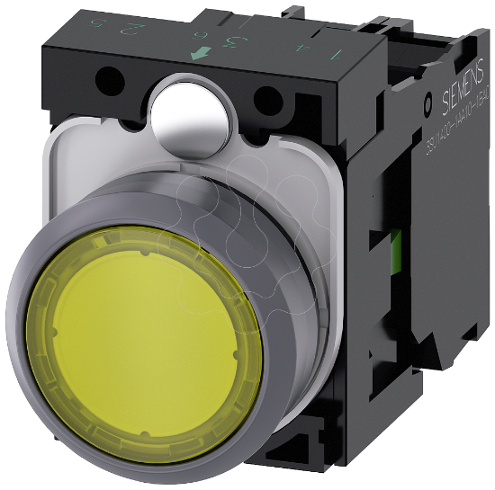 Imagem de Botão iluminado, 22 mm, redondo, anel frontal metálico, amarelo, plano, 1NA