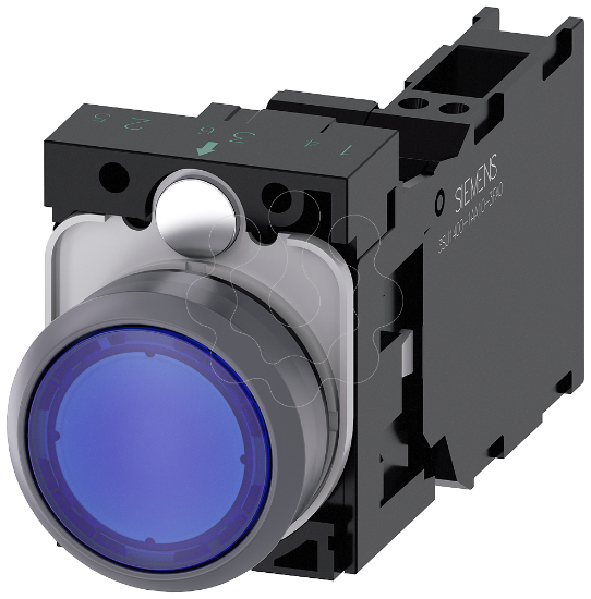 Imagem de Botão iluminado, 22 mm, redondo, anel frontal metálico, azul, plano, 1NA+1NF