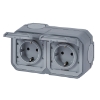 Imagem de Plexo IP 55 monobloco saliente - 2 x 2P+T Schuko pré-cablada, Horizontal, Cinze.