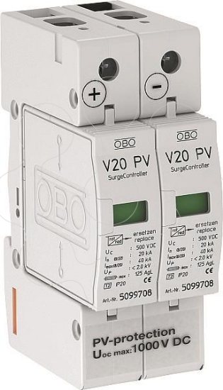 Imagem de Descarregador sobretensoes V20 2 polos para fotovoltaico 1000V DC