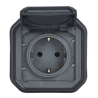 Mostrar detalhes para Plexo IP 55 monobloco encastrar   Tomada 2P+T Schuko Antracite Imagem de Plexo IP 55 monobloco encastrar   Tomada 2P+T Schuko Antracite