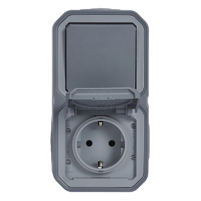 Mostrar detalhes para Plexo IP 55 monobloco saliente   2P+T Schuko + Comutador escada   H/V Cinzento Imagem de Plexo IP 55 monobloco saliente   2P+T Schuko + Comutador escada   H/V Cinzento