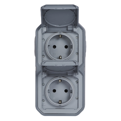 Mostrar detalhes para Plexo IP 55 monobloco saliente   2 x 2P+T Schuko pre cablada Vertical Cinzento Imagem de Plexo IP 55 monobloco saliente   2 x 2P+T Schuko pre cablada Vertical Cinzento