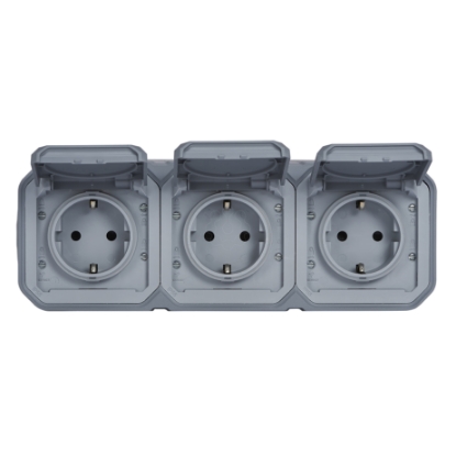 Mostrar detalhes para Plexo IP 55 monobloco saliente   3 x 2P+T Schuko pre cablada Horizontal Cinz. Imagem de Plexo IP 55 monobloco saliente   3 x 2P+T Schuko pre cablada Horizontal Cinz.