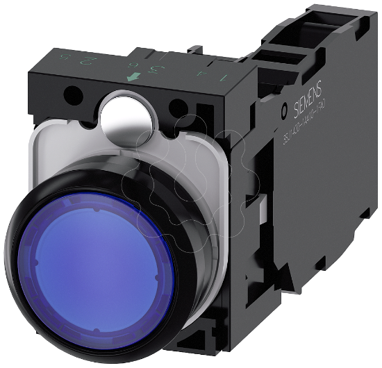 Imagem de Botao de pressao iluminado 22mm redondo plastico azul 1NA+1NF 24V CA/CC