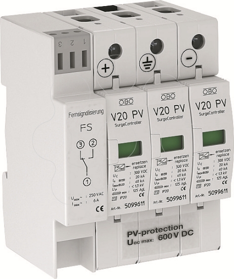 Imagem de Descarregador sobretensões V20 3 polos para Fotovoltaico + FS 600V DC