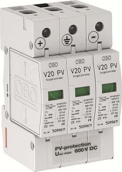 Imagem de Descarregador sobretensões V20 3 polos para fotovoltaico 600V DC