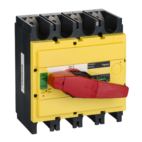 Imagem de interruptor seccionador Interpact INS320 4P punho vermelho/face frontal amarela