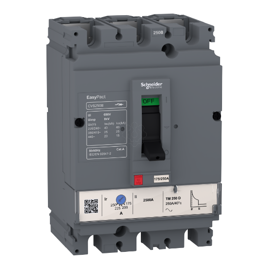 Imagem de circuit breaker EasyPact CVS250B 25 kA at 415 VAC 250 A rating thermal magnetic TM D trip unit 3P 3d