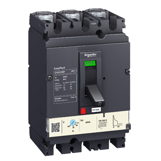 Imagem de circuit breaker EasyPact CVS100F 36 kA at 415 VAC 100 A rating thermal magnetic TM D trip unit 3P 3d