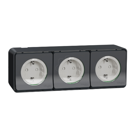 Imagem de Mureva Styl - Tomada 2P+T monobloco tripla com obturadores horizontal precablada - IP55 - 16A - Cinzento