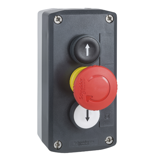 Imagem de Estacao de controlo plastico tampa cinzenta escura 2 botoes de pressao o22 marcada seta para cima / seta para baixo 1 cogumelo vermelho o30