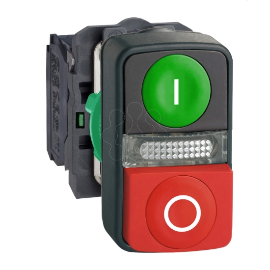 Imagem de Illuminated double headed push button plastic o22 1 cim een flush i + 1 luz piloto + 1 red projecting o 1 no + 1 nc