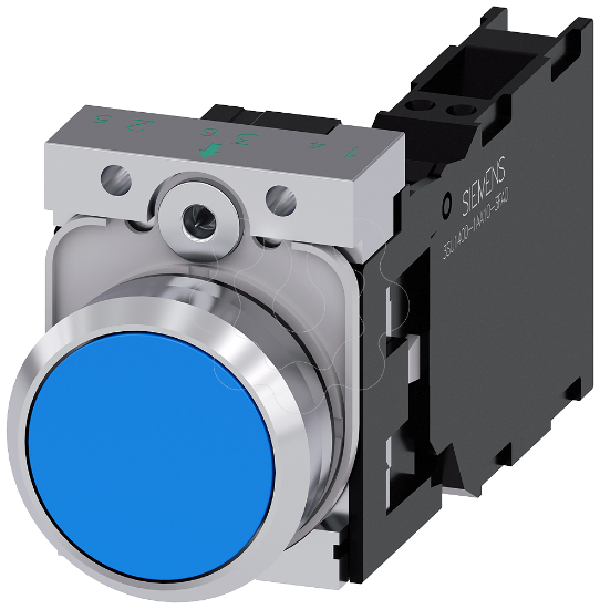 Imagem de Botao de pressao, 22 mm, redondo, metal, alto brilho, azul, plano, 1NA+1NF