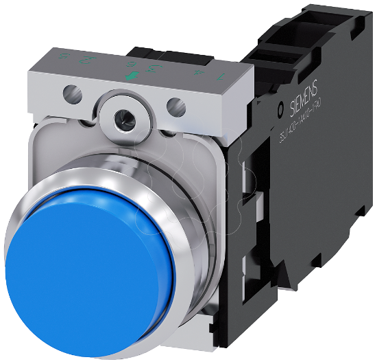 Imagem de Botao de pressao, 22mm, redondo, metal, alto brilho, azul, 1NA+1NF