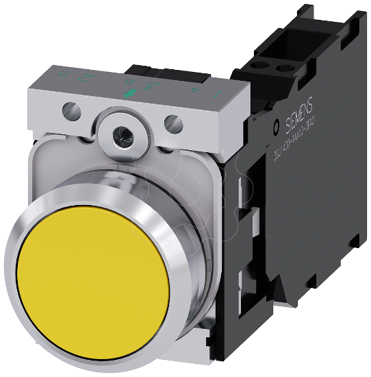 Imagem de Botao de pressao, 22 mm, redondo, metal, alto brilho, amarelo, plano, 1NA+1NF