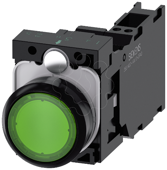 Imagem de Botao de pressao, iluminado, 22mm, redondo, plastico, verde, 1NA+1NF, 24V CA/CC