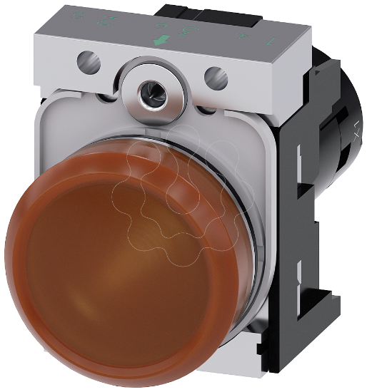 Imagem de Sinalizador luminoso, 22mm, redondo, metal, alto brilho, ambar, plano, 230V CA