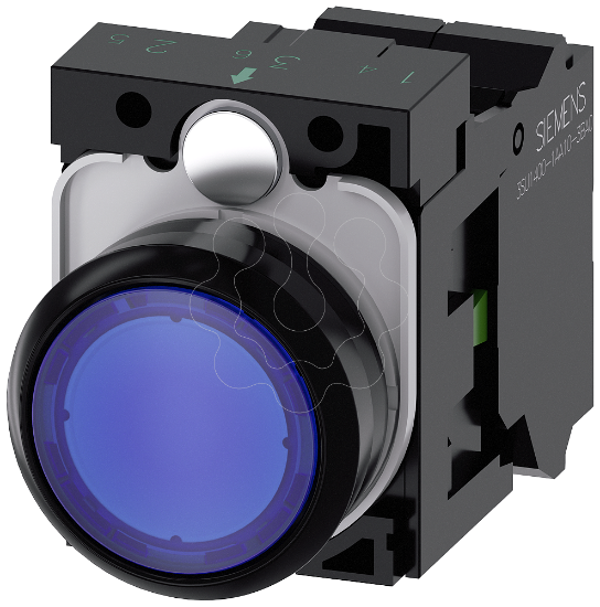 Imagem de Botao de pressao, iluminado, 22mm, redondo, plastico, azul, 1NA, 24V CA/CC