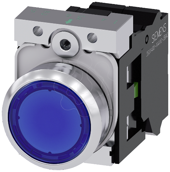 Imagem de Botao de pressao iluminado, 22mm, redondo, metal, alto brilho, azul, 1NA