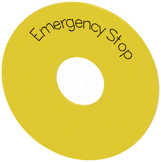 Imagem de Arruela para paragem de emergencia, amarelo com inscricao: EMERGENCY STOP